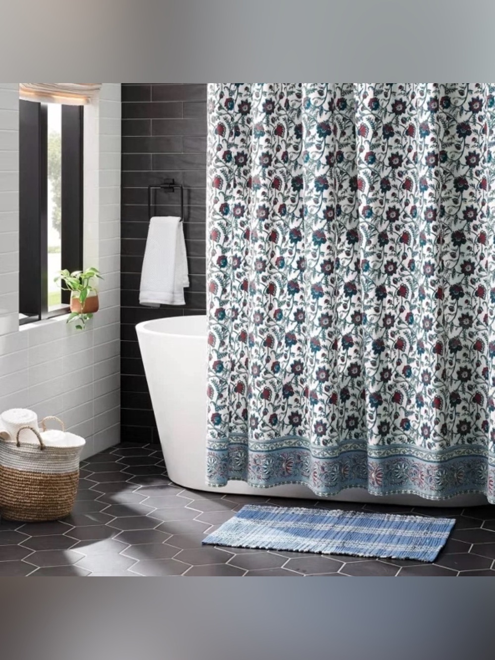 Threshold Americana Floral 100% Cotton Shower Curtain Blue - NEW